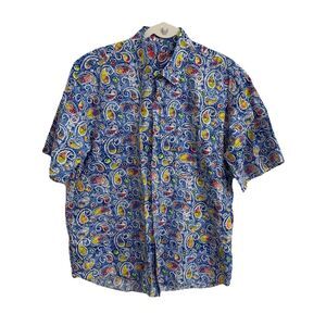 Alan Flusser Paisley Shirt Mens Large Blue Short Sleeve Button Up Aloha Hawaii